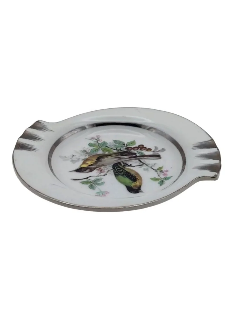 Norleans Porcelain Ashtray With Bird Motif & Silver Trim Japan Vintage MCM